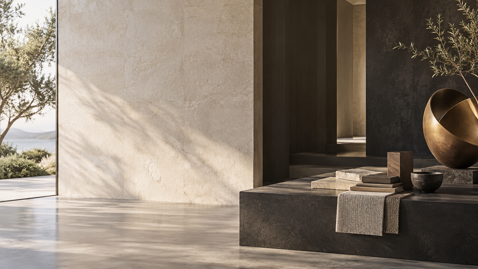 Editorial interior with natural stone, dark architectural forms, and a bronze sculptural object